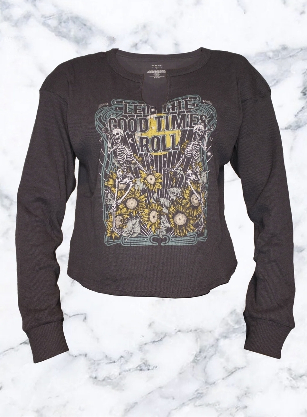 Homegirl Society Let the Good Times Roll Dark Gray Thermal Long-Sleeve Top Sz S